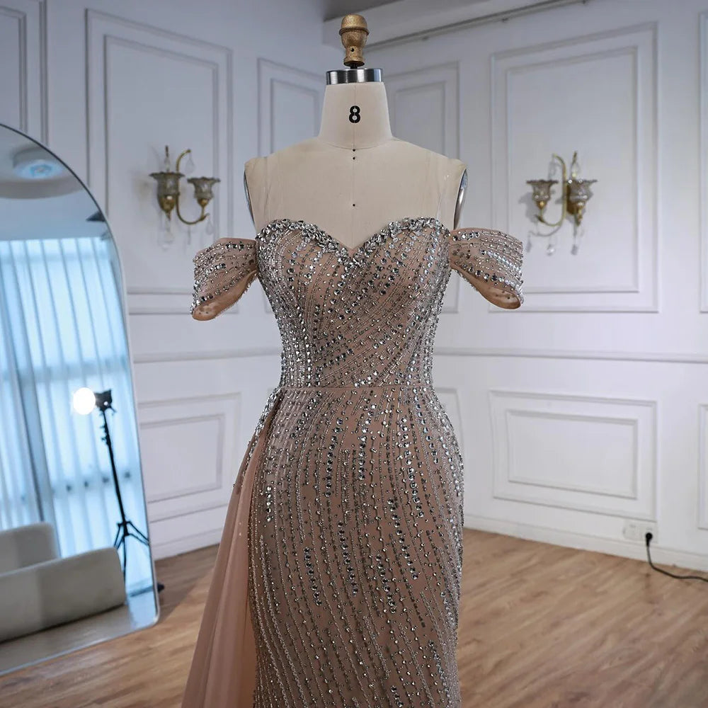 Luxury Nude Beaded Mermaid Evening Dress with Overskirt LA72911