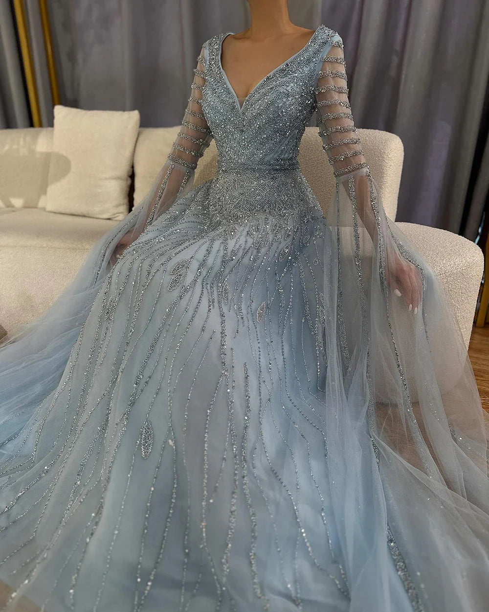 Luxury Dubai Arabic Caramel Elegant A-Line Beaded Long Evening Dresses Gowns with Cape Sleeves for Formal Occasion LA72750