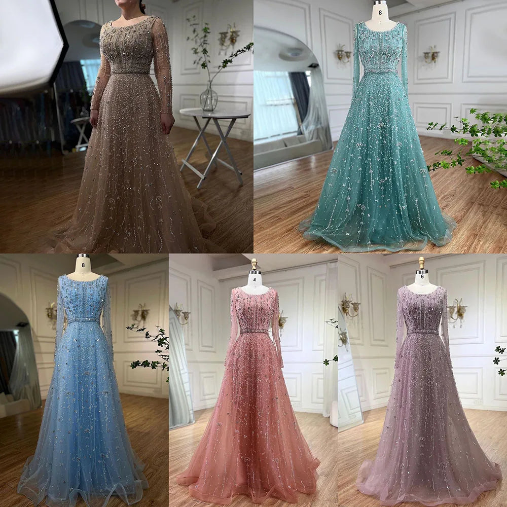 Dubai Designer Luxury Nude A-Line Beaded Evening Dress LA72088