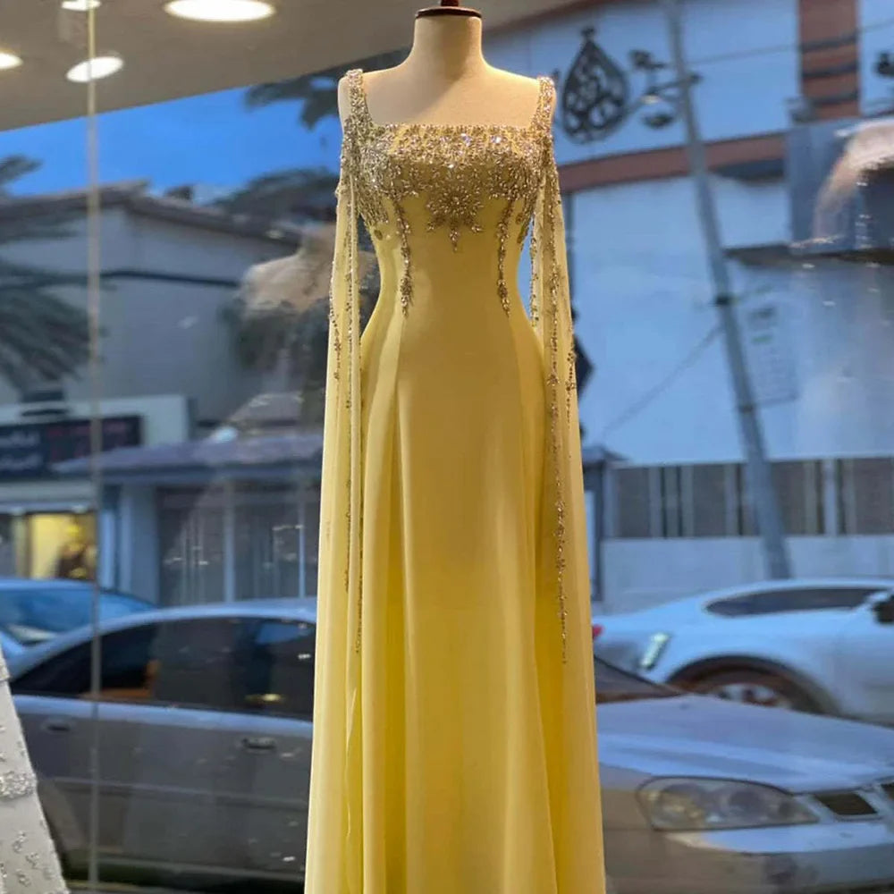 Chic Blue Crystal Evening Dress with Cape Sleeves LA72460