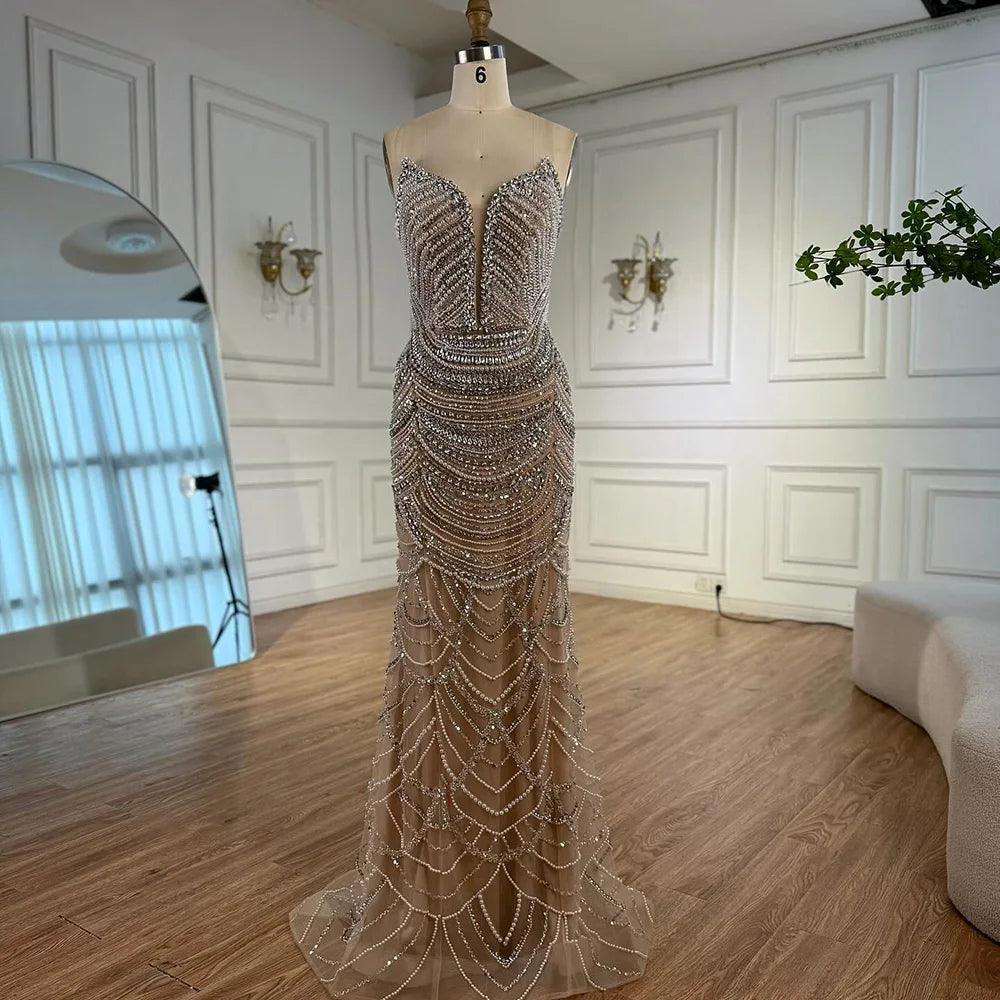 Luxury Nude Silver Beaded Evening Gown with Crystals LA72900