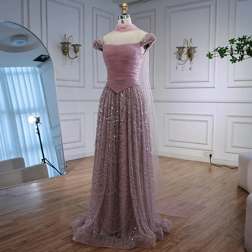 Luxury Arabic Pink Pearls Beaded Evening Dress With Cape LA72922