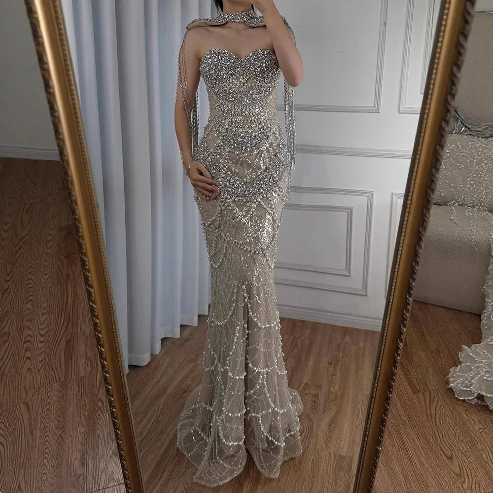 Luxury Nude Beaded Evening Dress with Tassel Short Cape LA72876