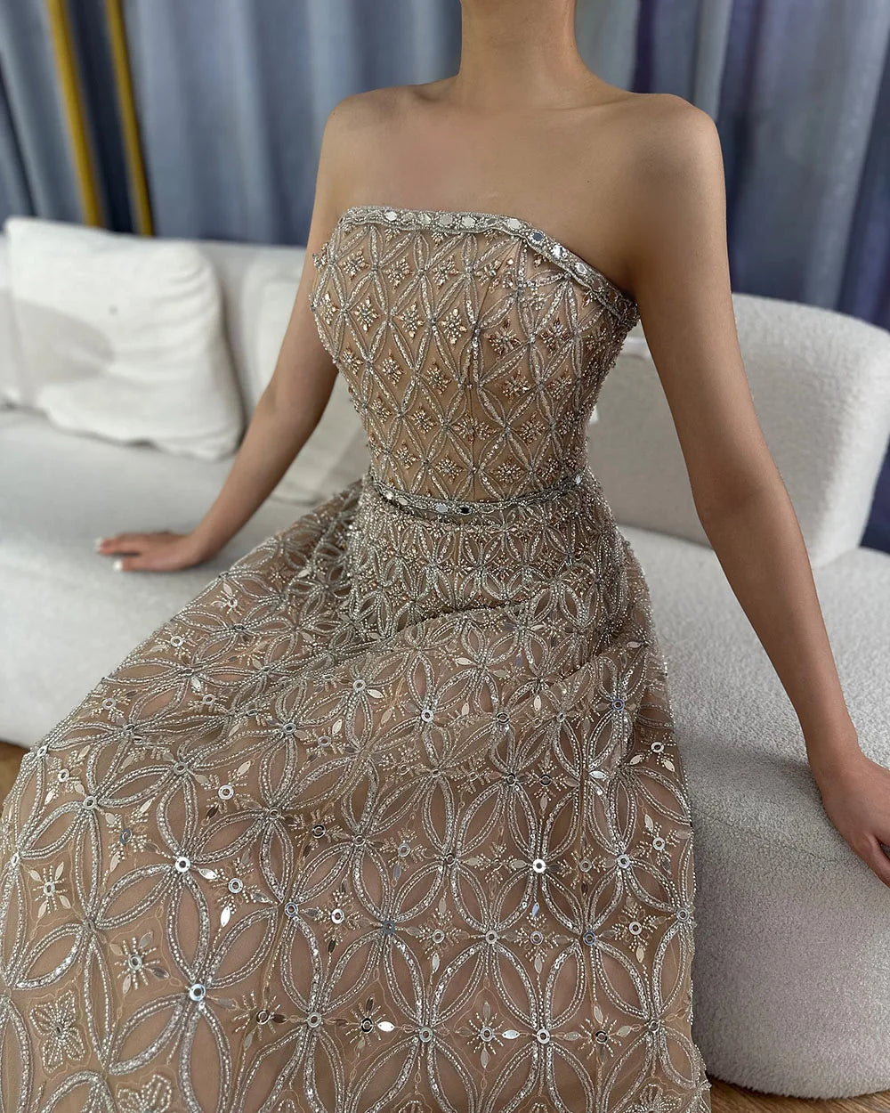 Luxury Dubai Arabic Gray A Line Elegant Beaded Long Evening Dresses Gowns for Formal Occasion LA72755