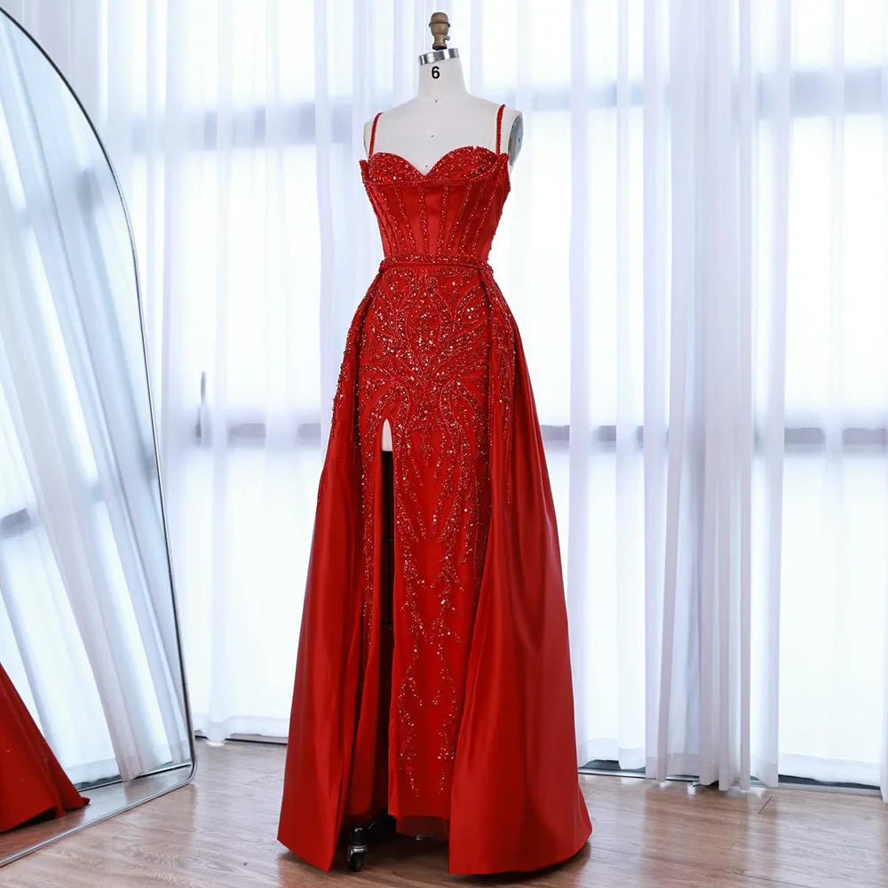 Luxury Red Beaded High Slit Evening Gown with Overskirt LA72936