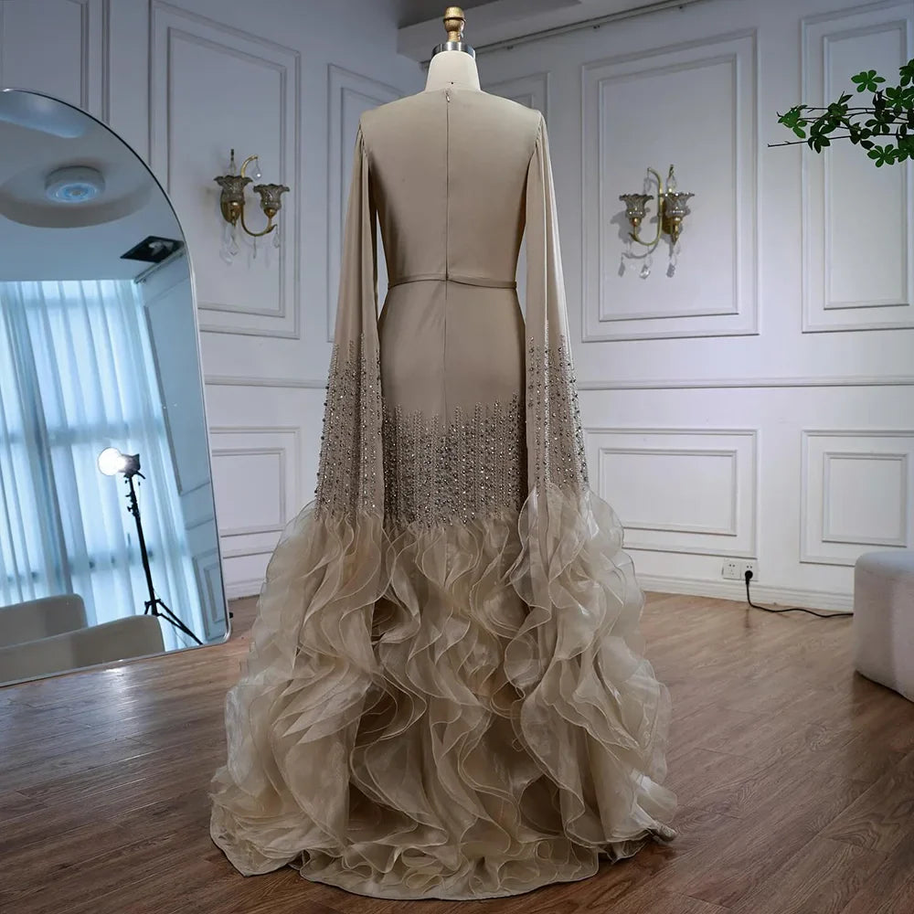 Elegant Nude Beaded Evening Dress with Cape Sleeves LA72317C