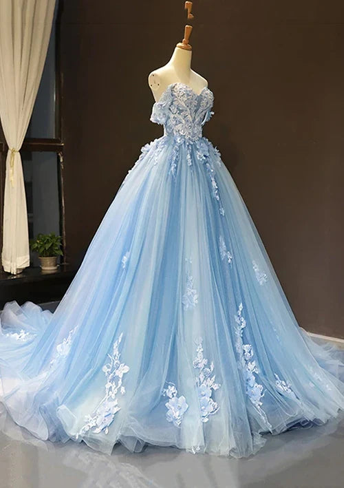 Serene Hill Arabic Blue Ball Gown Off-the-Shoulder Tulle Prom Dress with Appliqués for Women's Party LA72679