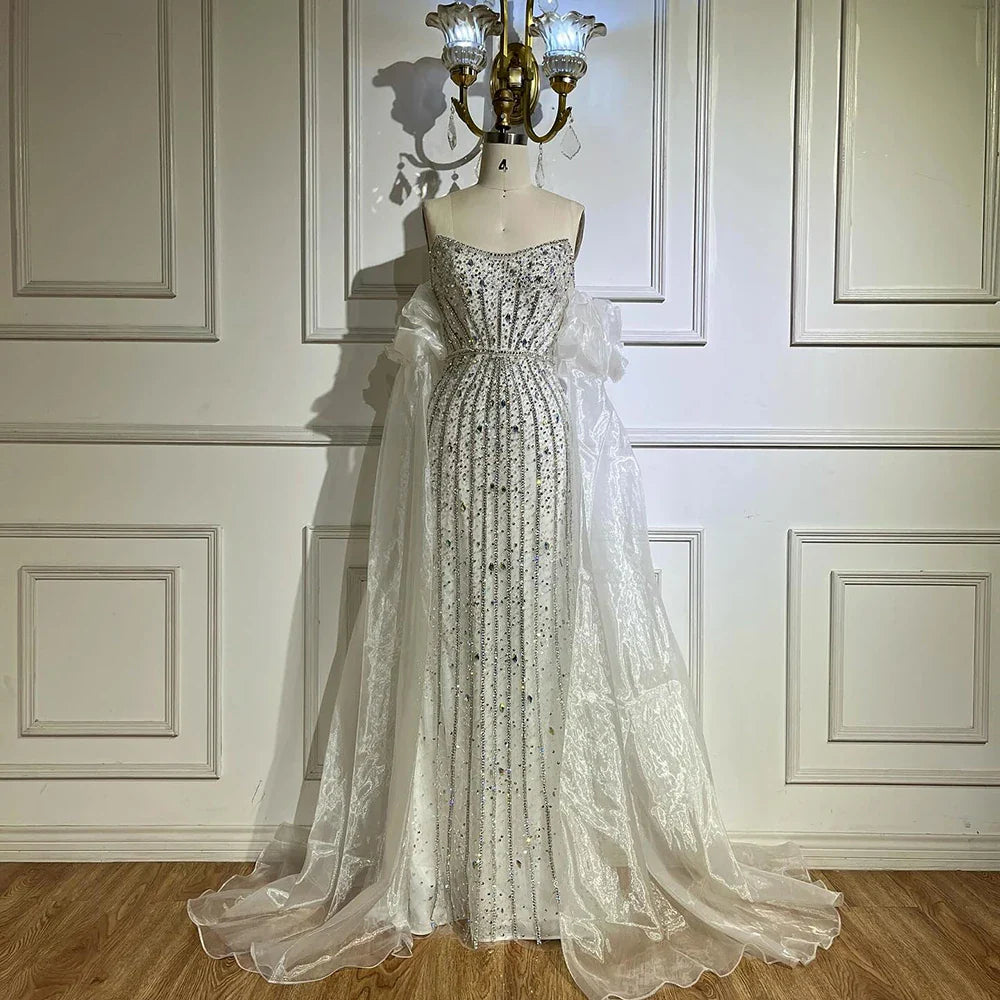 Luxury Pink Beaded Mermaid Evening Dress with Puff Sleeves LA72569