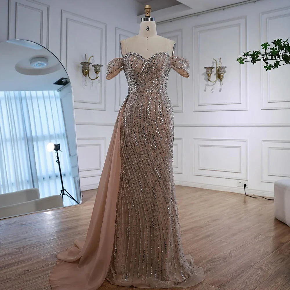 Luxury Nude Beaded Mermaid Evening Dress with Overskirt LA72911
