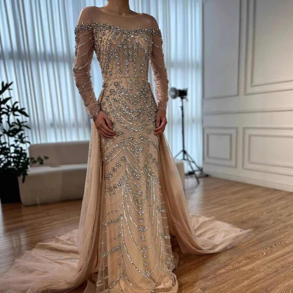 Luxury Off Shoulder Beaded Evening Dress with Long Sleeves and Train LA72930