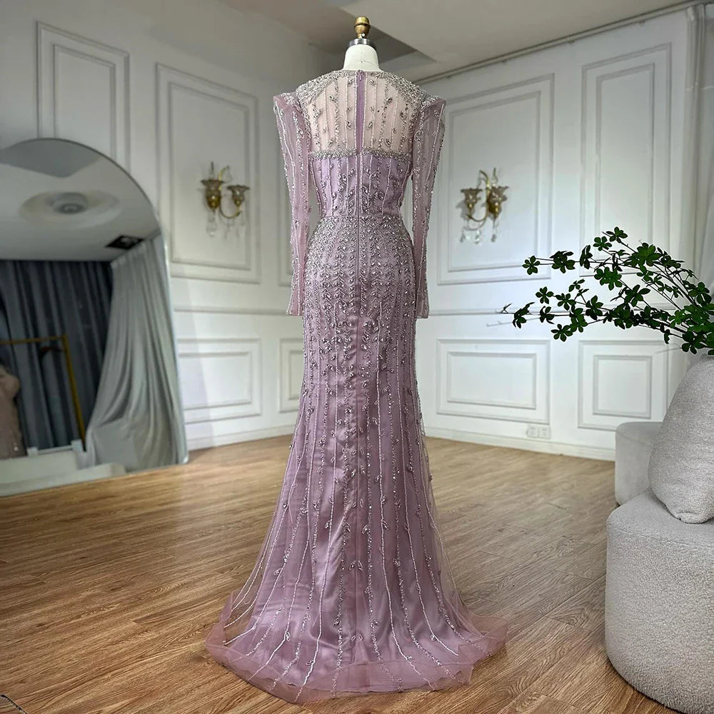 Luxury Dubai Pink Elegant Pearls Beaded Mermaid Evening Dress LA72826