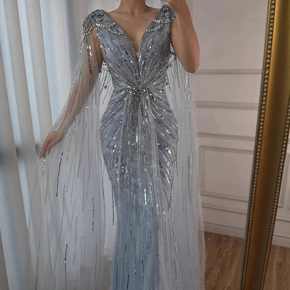 Luxury Designer Turquoise Mermaid Beaded Evening Dress with Cape LA72168A