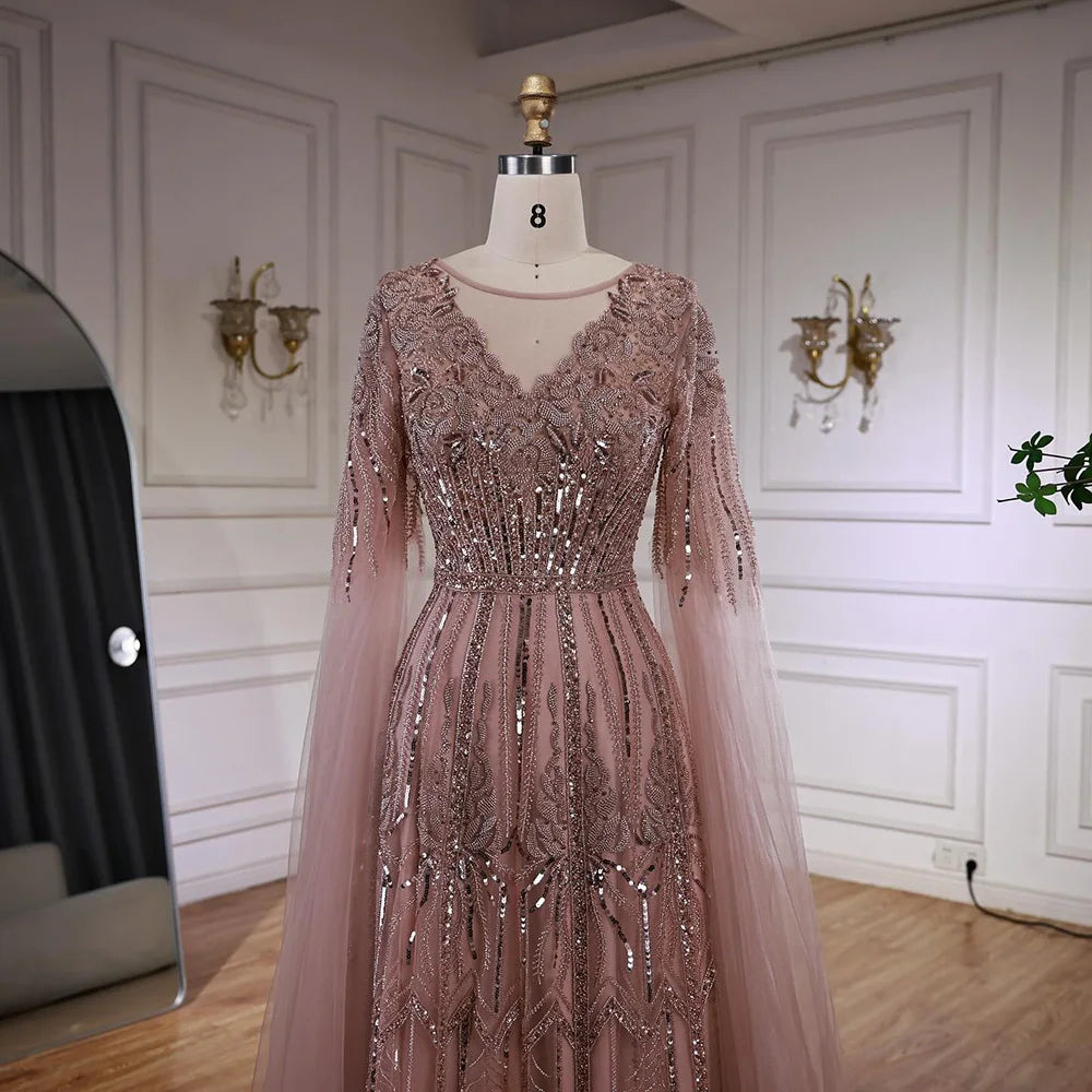 Elegant Beaded A-Line Evening Dress with Cape Sleeves LA73056