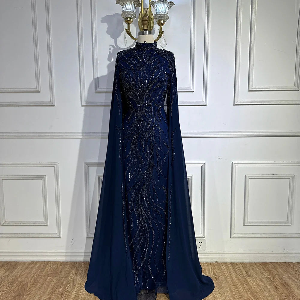 Modest Muslim Sage Green Evening Dress with Cape Long Sleeves LA72413A