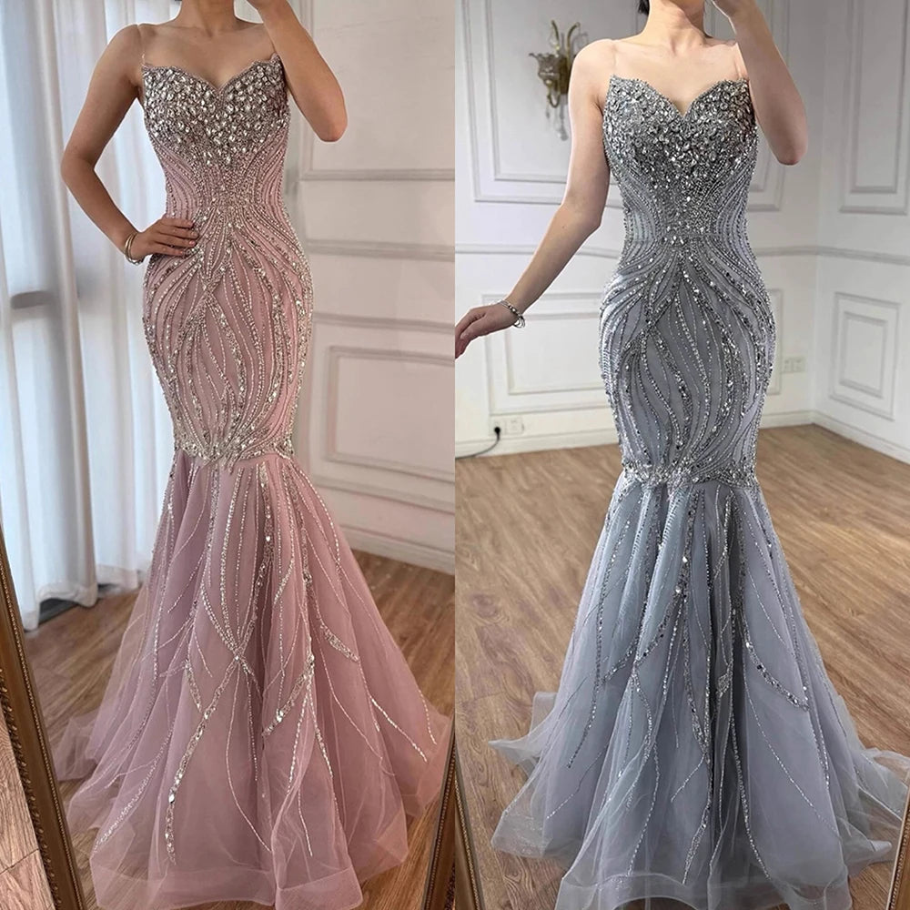 Luxury Pink Beaded Strapless Mermaid Evening Dress LA73124