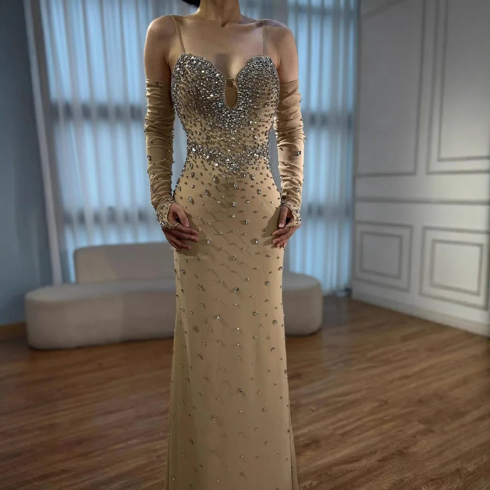 Luxury Nude Beaded Dress with Detachable Sleeves LA73065