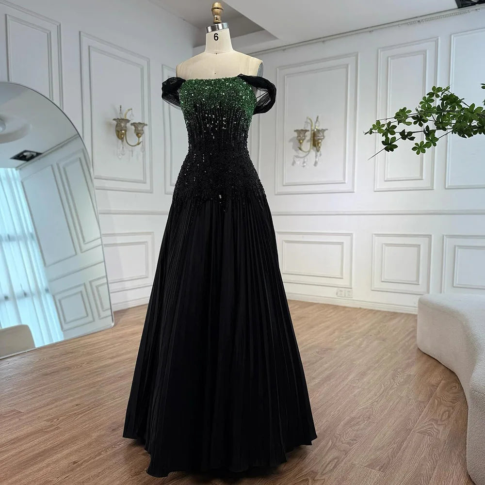 Luxury Beaded Black Green Off Shoulder Dubai Evening Dress for Party LA72406