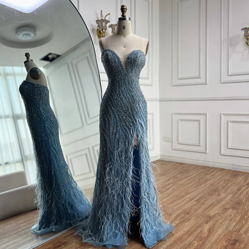 Luxury Blue Feather Beaded Evening Dress with Side Skirt LA72695