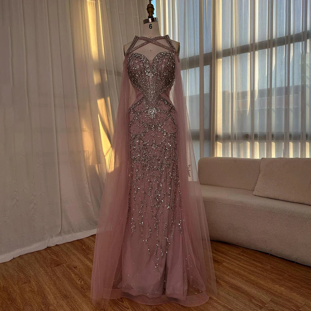 Luxury Nude Cape Sleeves Beaded Crystal Evening Dress LA72806