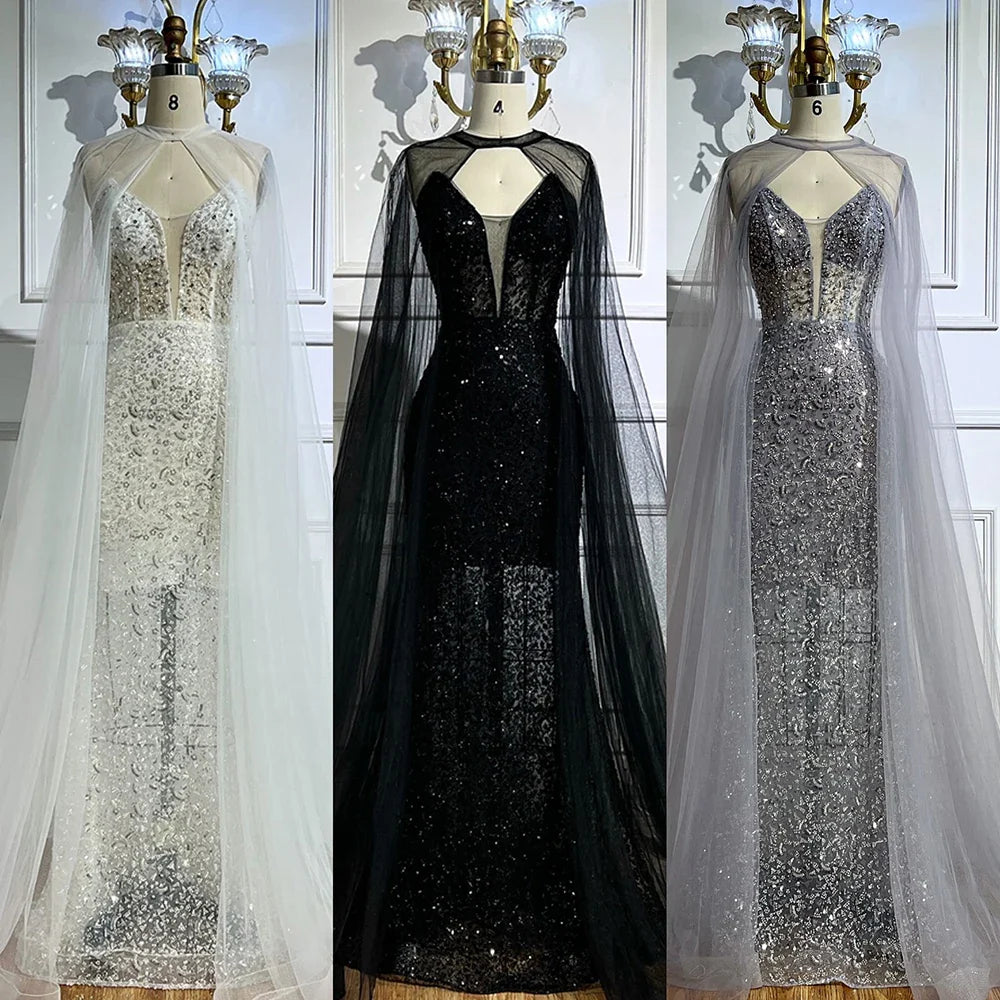 Luxury White Sequin Mermaid Evening Dress with Cape LA72996