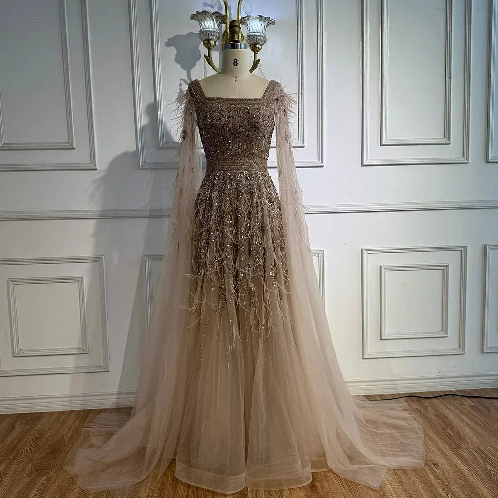 Elegant Blue Beaded Feather A-Line Evening Dress With Cape LA73043