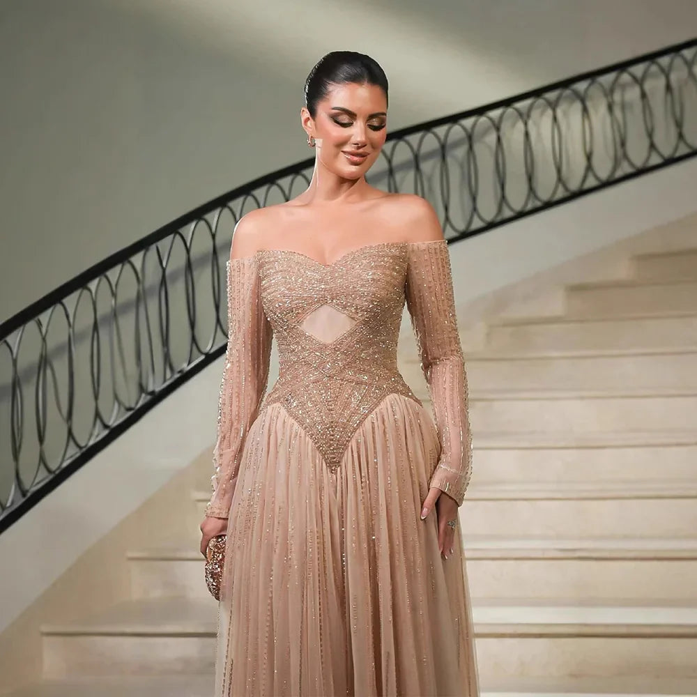 Luxury Nude Off Shoulder A-Line Beaded Evening Dress LA73038