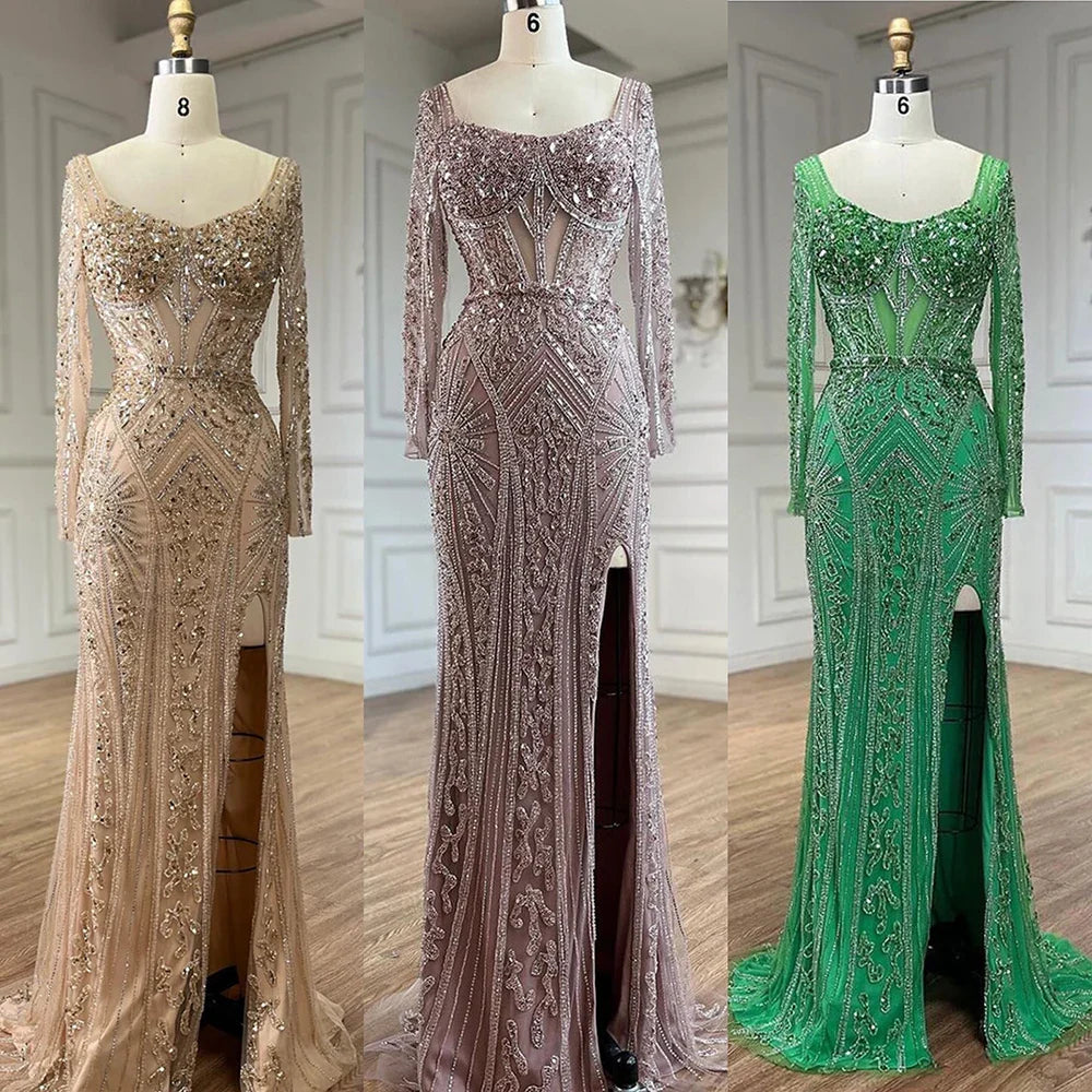 Luxury Dubai Beaded Evening Dress With Long Sleeve LA72518