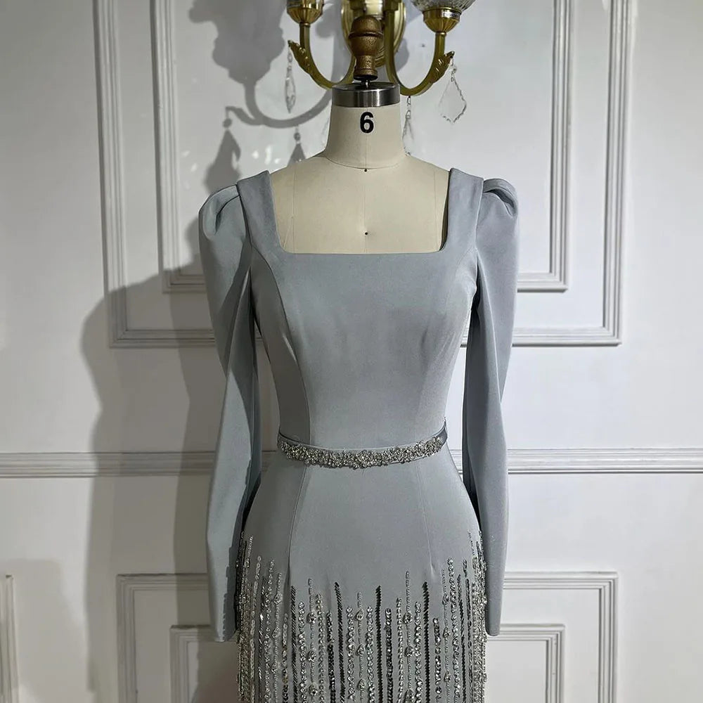 Serene Hill Arabic Gray Mermaid Elegant Ankle Length Beaded Satin Luxury Evening Dresses Gowns For Women Party 2025 LA72317