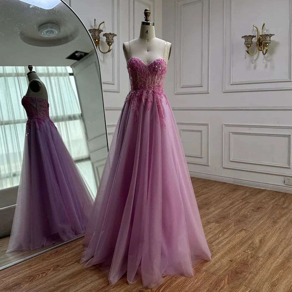 Luxury A-line Sweep Train Tulle Prom Dress with Appliqued LA72972