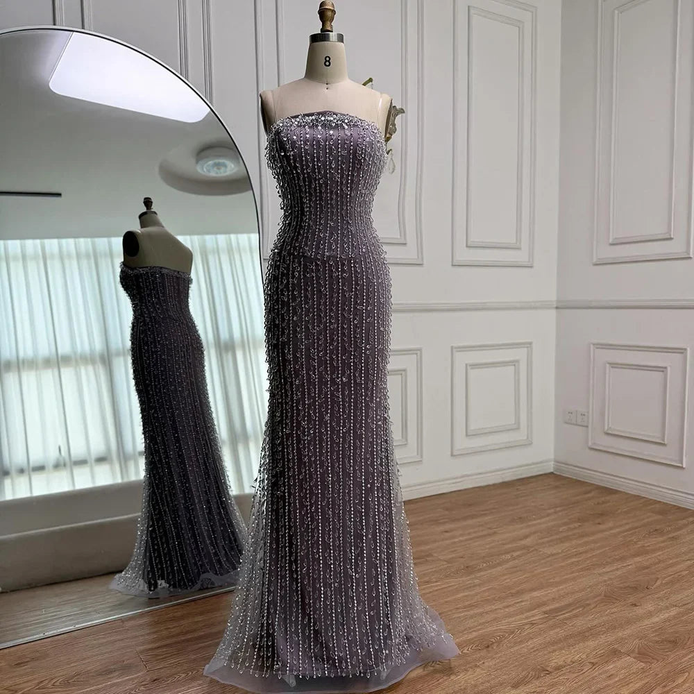 Elegant Crystal Beaded Strapless Lilac Mermaid Evening Gown LA72950