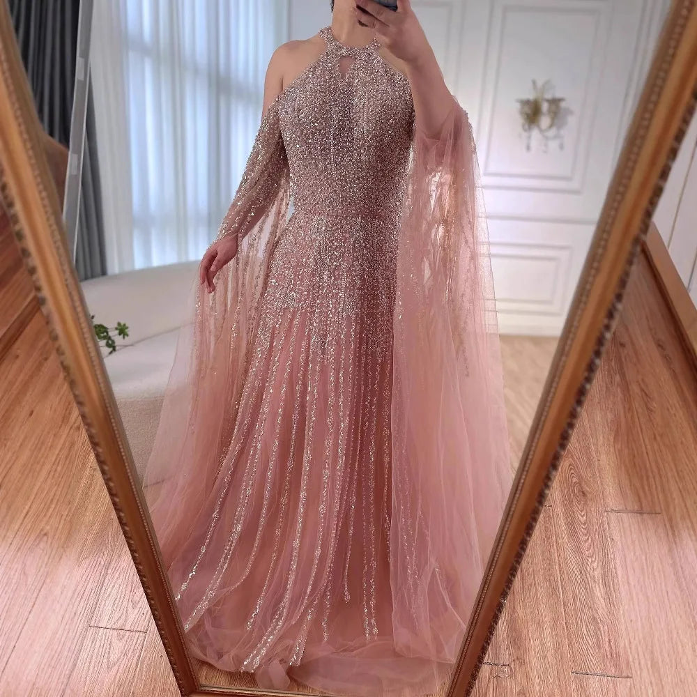 Luxury Turquoise Beaded A Line Evening Dress with Cape Sleeves LA72820