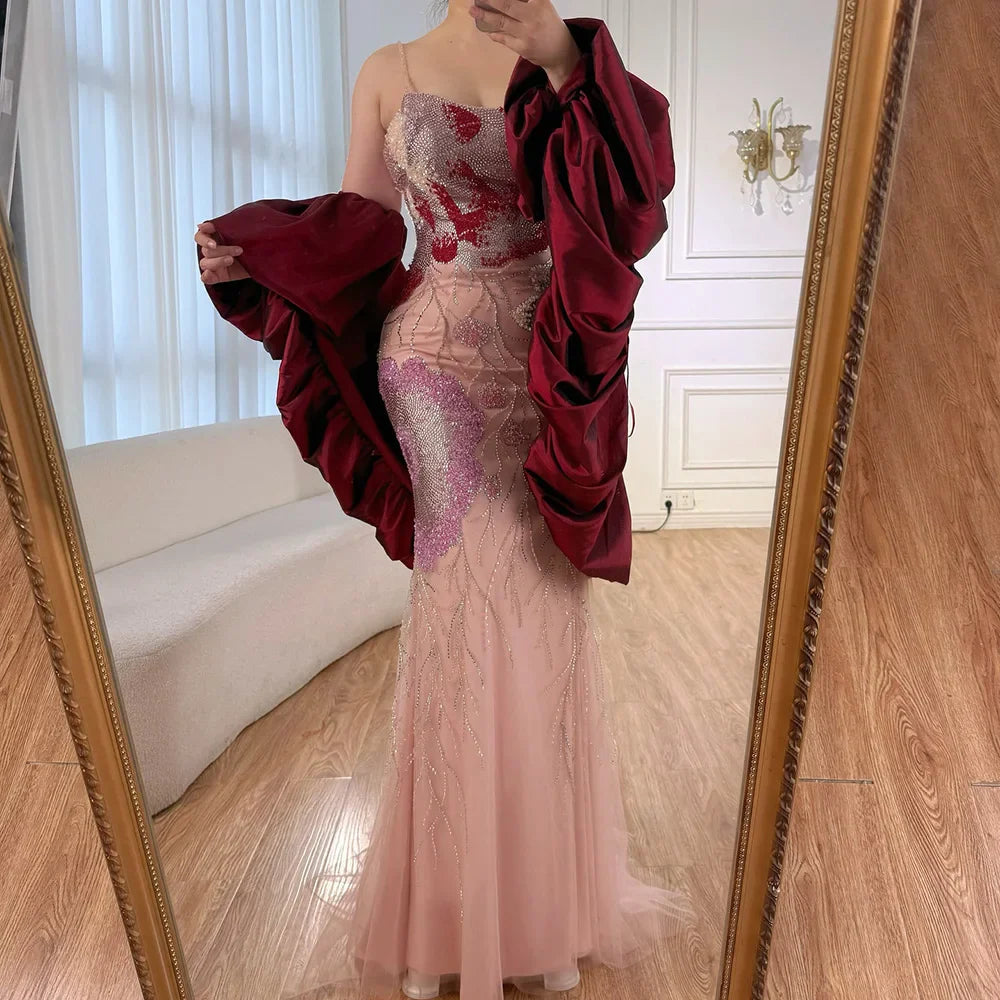 Luxury Designer Dreamy Pink Evening Dress With Cape Sleeves LA72850