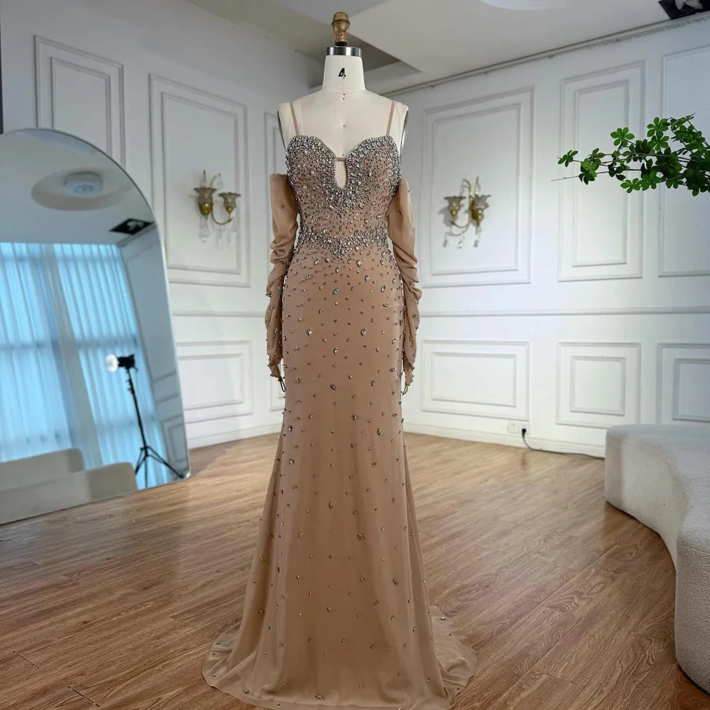 Luxury Nude Beaded Dress with Detachable Sleeves LA73065