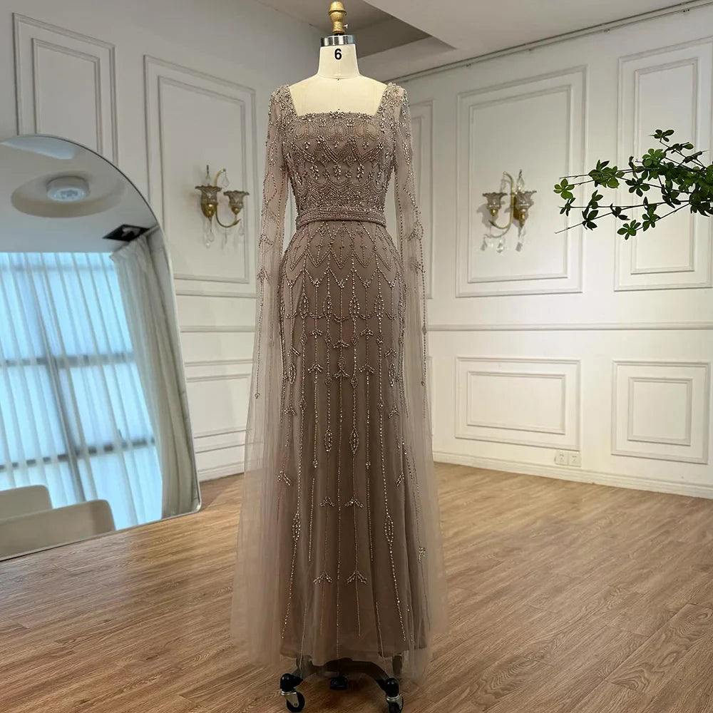 Luxury Arabic Caramel Beaded Evening Dress with Cape Sleeves LA72966A
