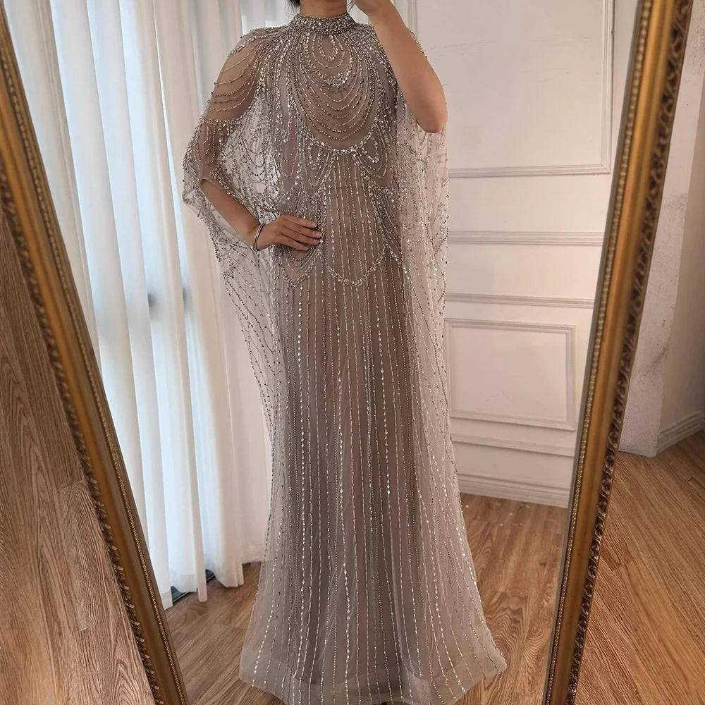 Luxury Silver Nude Beaded Mermaid Evening Dress with Cape LA72484A