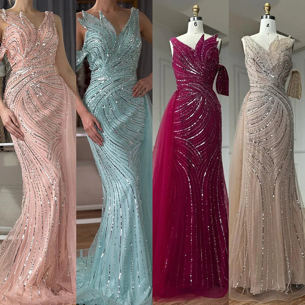 Luxury Dubai Arabic Pink Mermaid Elegant One Shoulder Beaded Long Evening Dresses Gowns for Formal Occasion LA72662A
