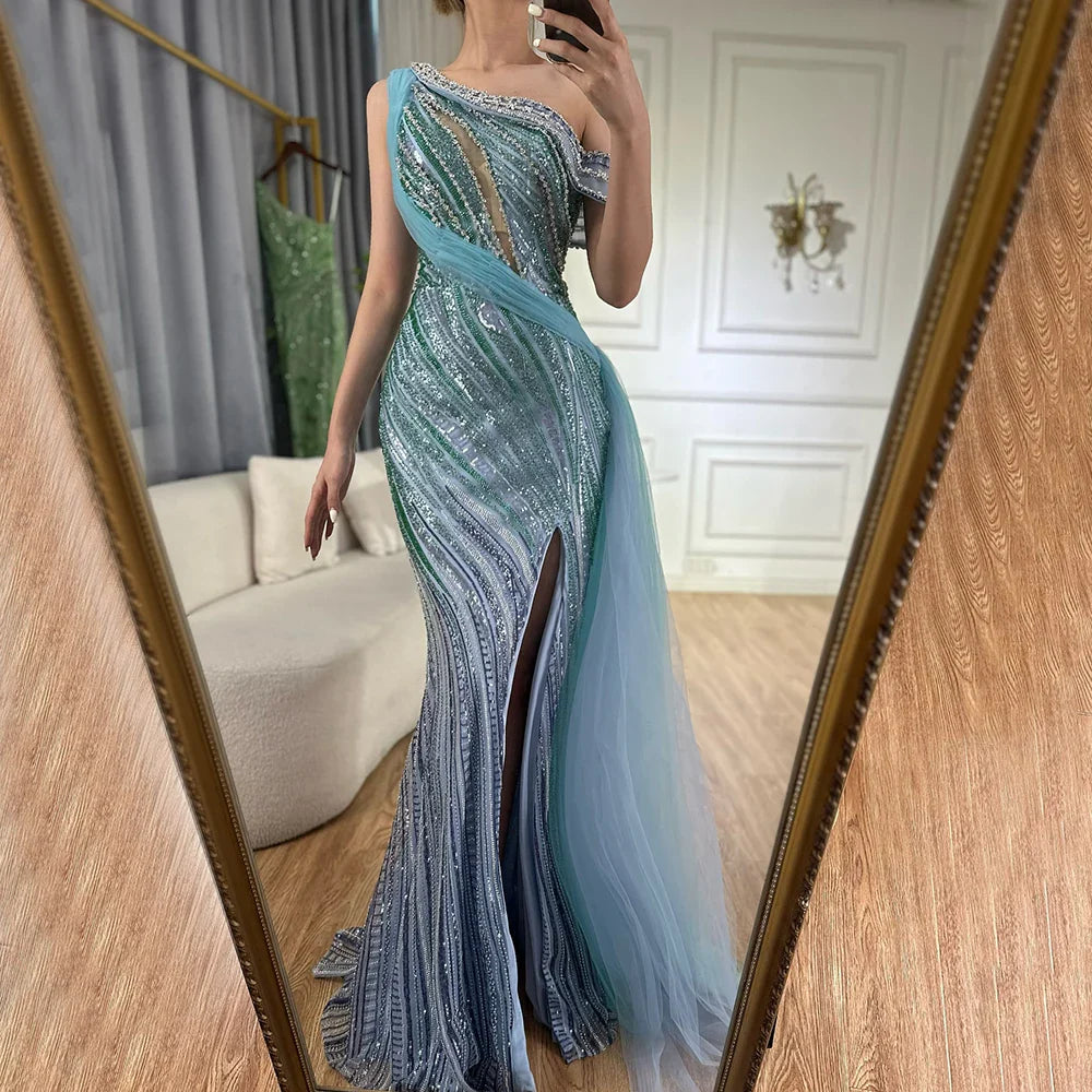 Luxury Dubai Arabic One-Shoulder High Split Blue Mermaid Gown Luxury Beaded Saudi Evening Dress for Formal Occasion LA72718