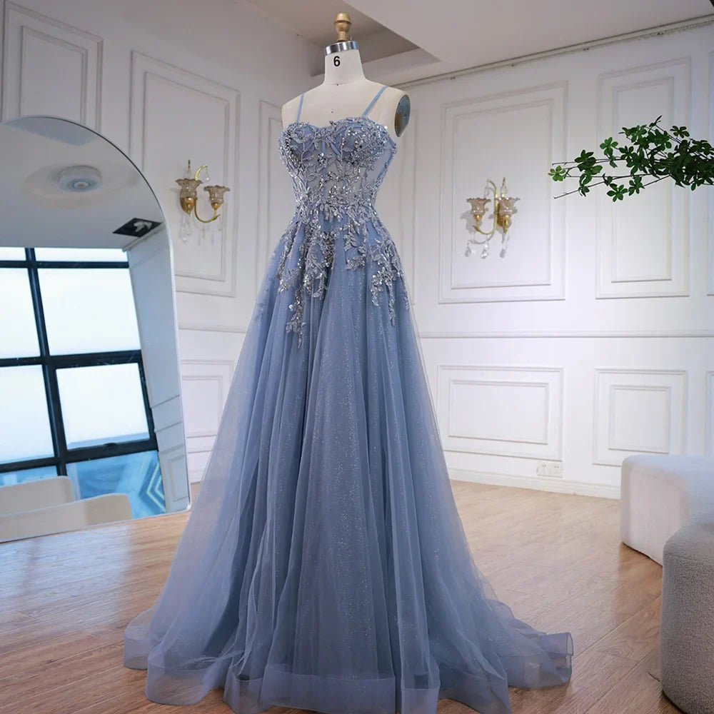 Luxury Gray Tulle A Line Prom Dress with Floral Appliques LA73015