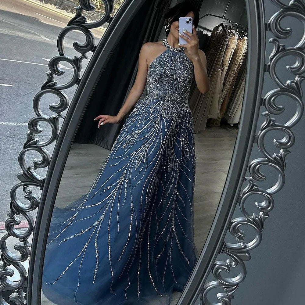 Serene Hill Elegant Blue Arabic A-line Halter Gown Luxury Dubai Evening Dress for Women Wedding Party 2025 LA72302