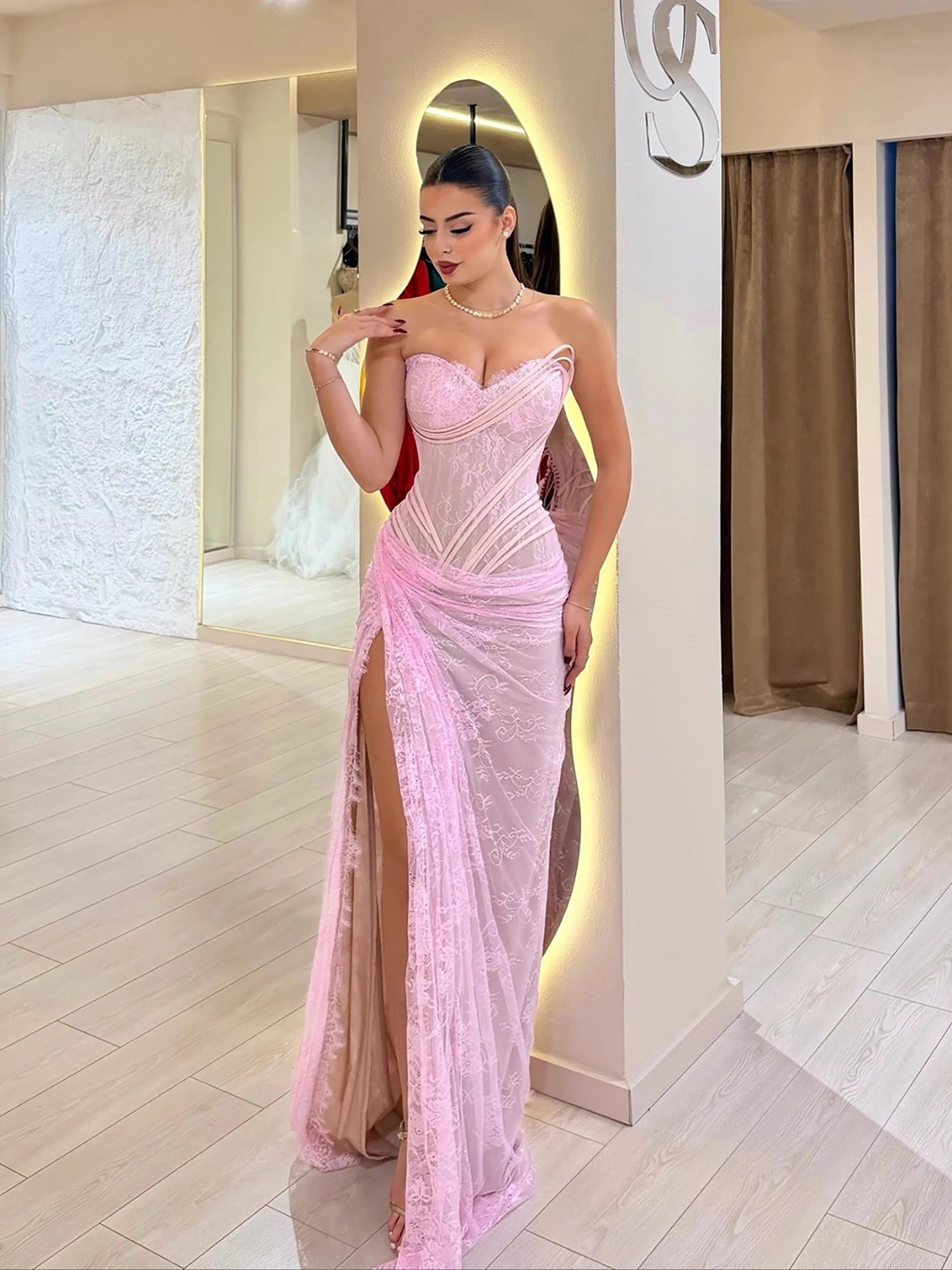 Luxury Pink Saudi Arabic Lace Embroidery Evening Dress LA73373