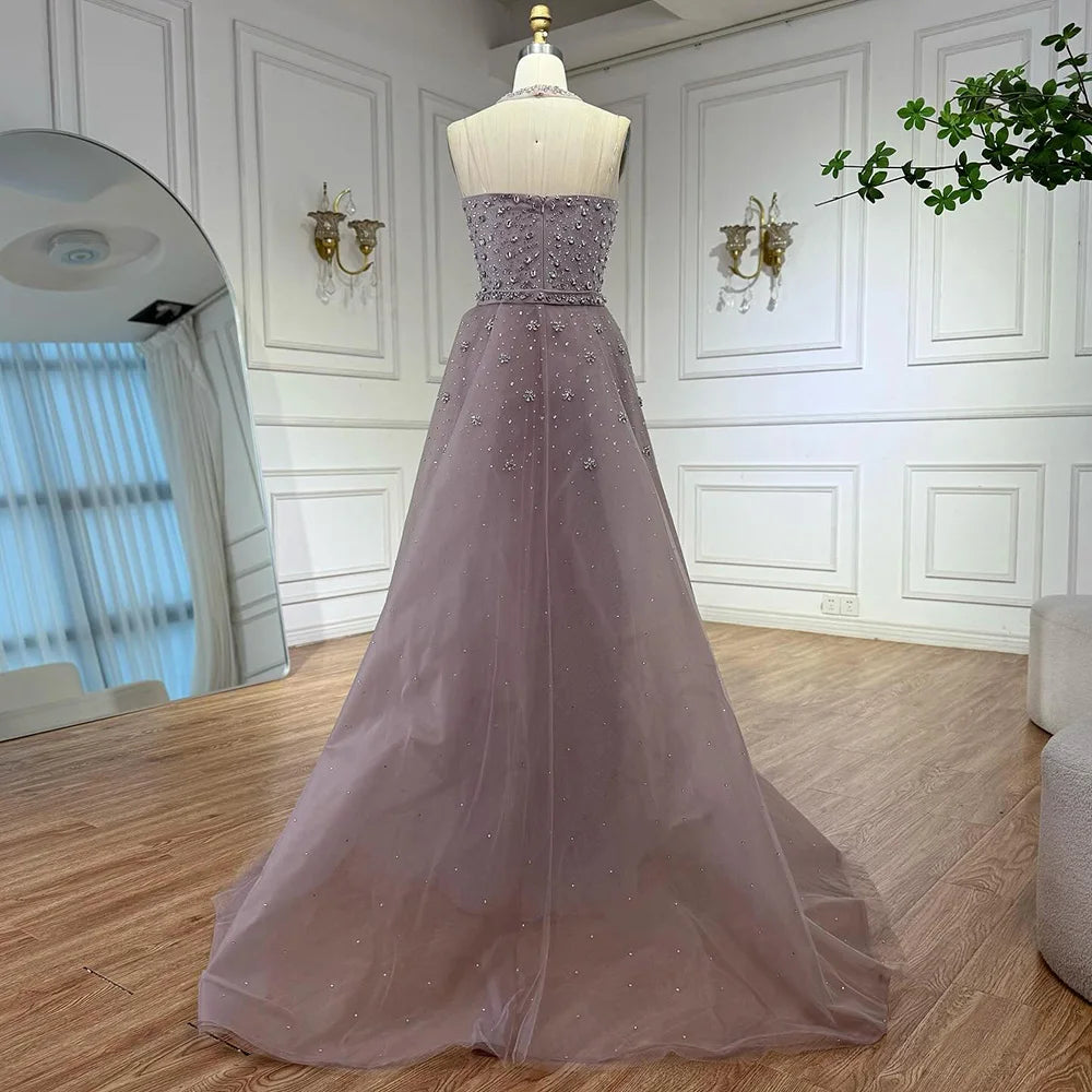Luxury Arabic Pink Beaded Mermaid Evening Dress with Overskirt LA73084
