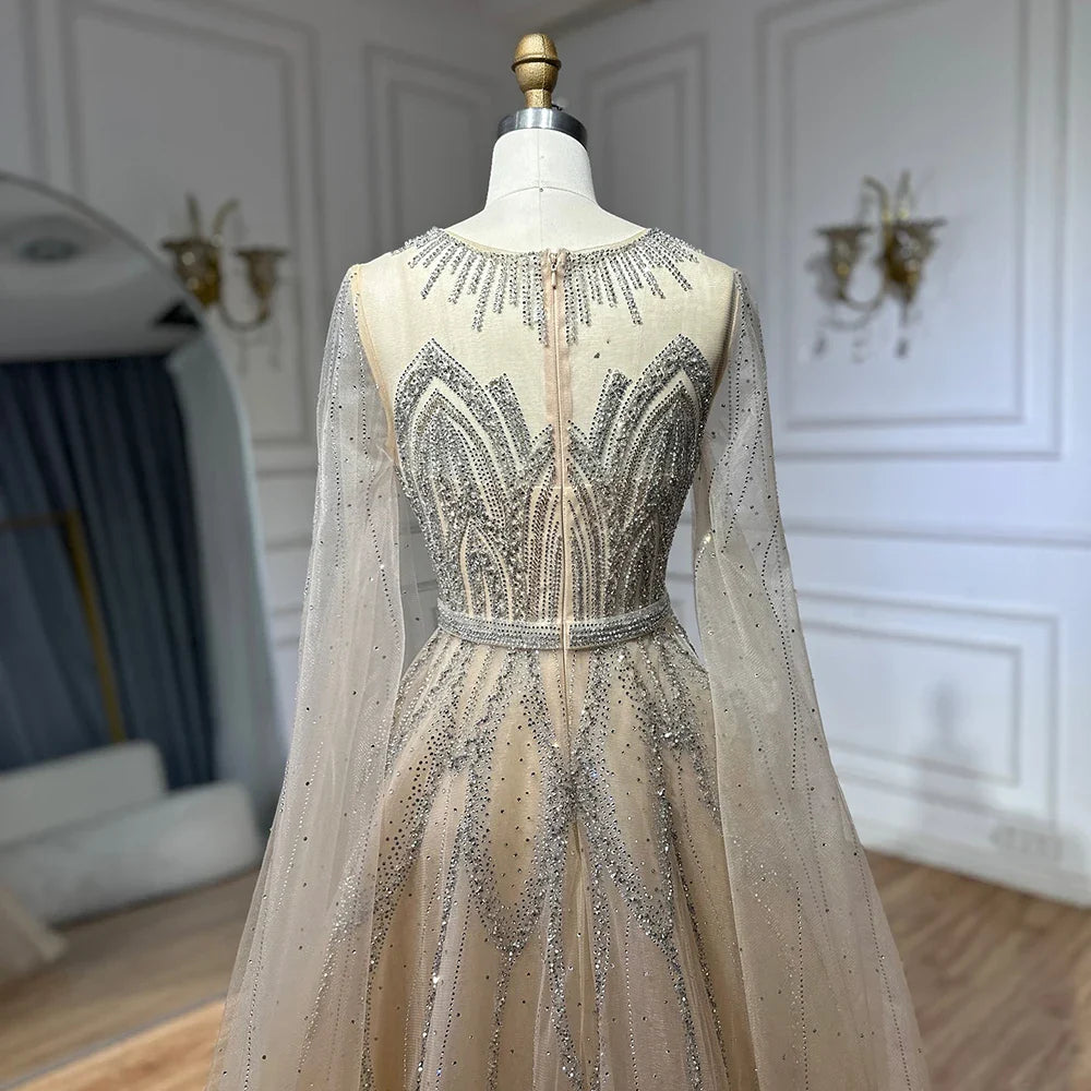 Luxury Dubai Nude Blue Elegant A-Line Beaded Long Arabic Evening Dresses Gowns with Cape Sleeves for Formal Occasion LA72785