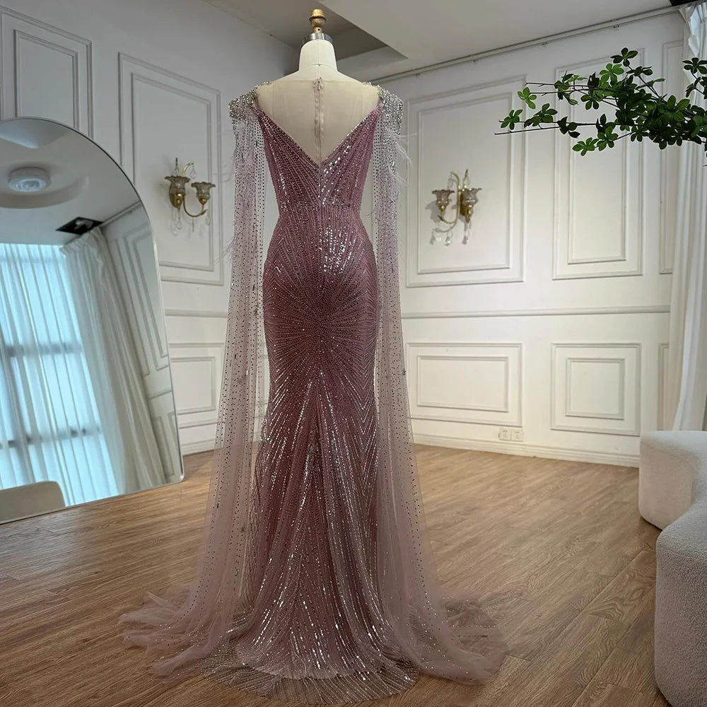 Luxury Pink Beaded Mermaid Evening Dress with Cape LA73106