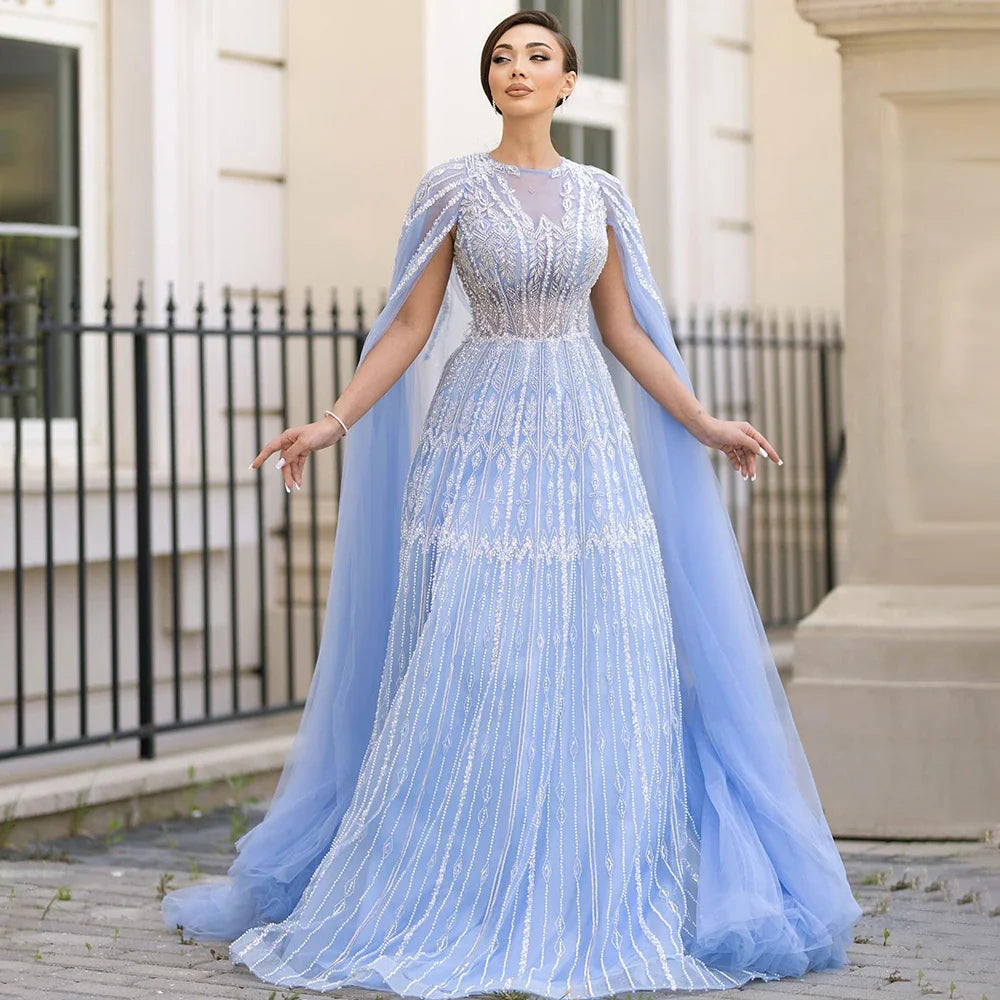 Serene Hill Muslim A-Line Blue Beaded Luxury Evening Gowns with Cape Sleeves for Women's Party Dubai LA72666