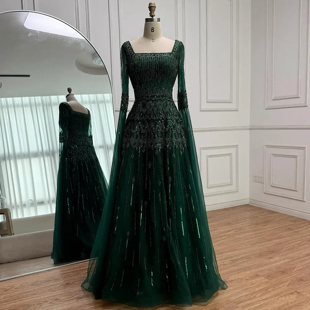 Luxury Green A-LineBeaded Evening Dress with Cape Sleeves LA73089