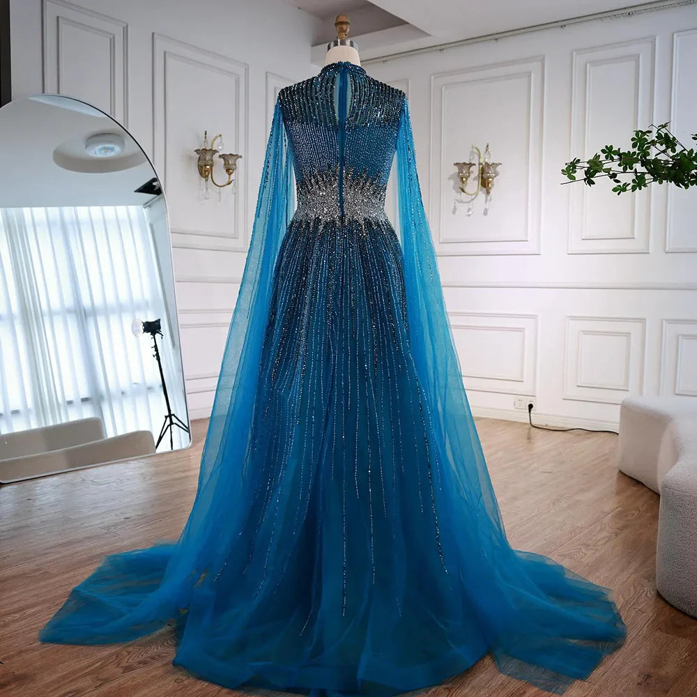 Luxury Modest Blue Beaded Evening Dress with Cape LA73059