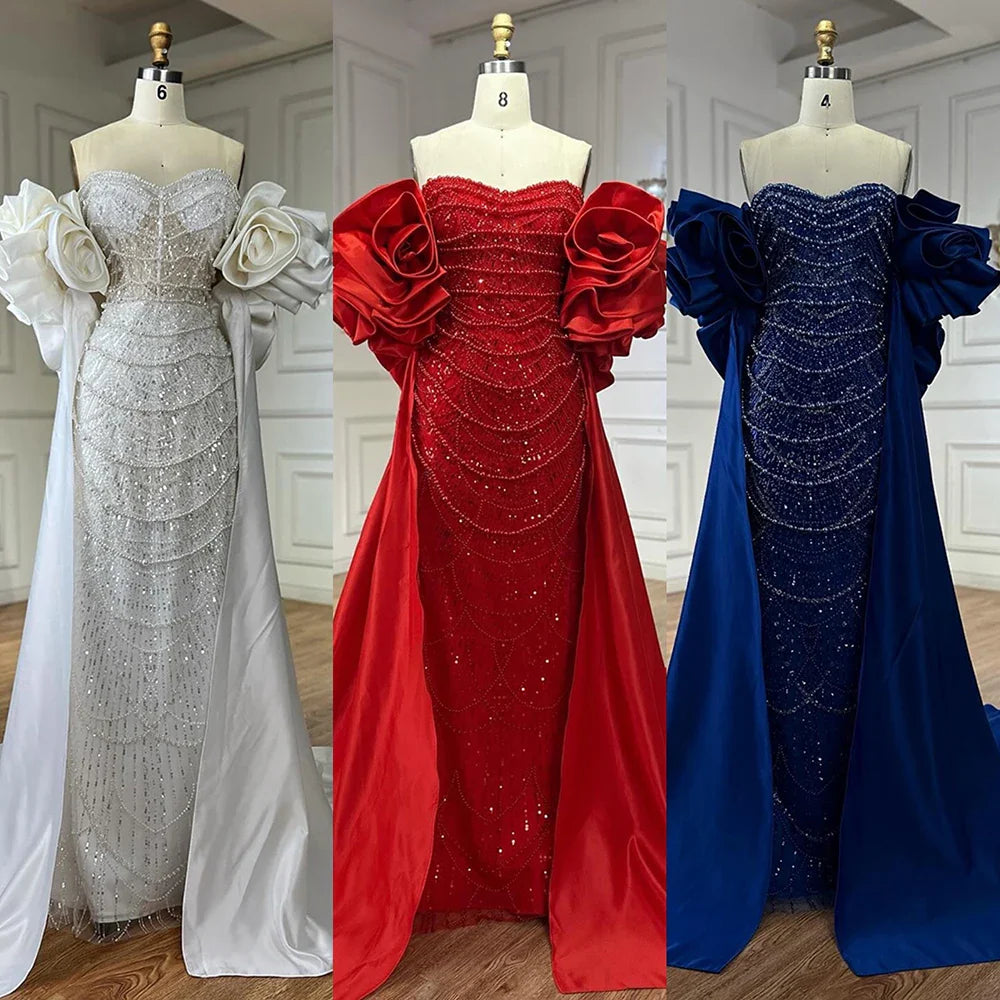 Red Long Cape Pearls Beaded Mermaid Evening Dress Gown LA72585A