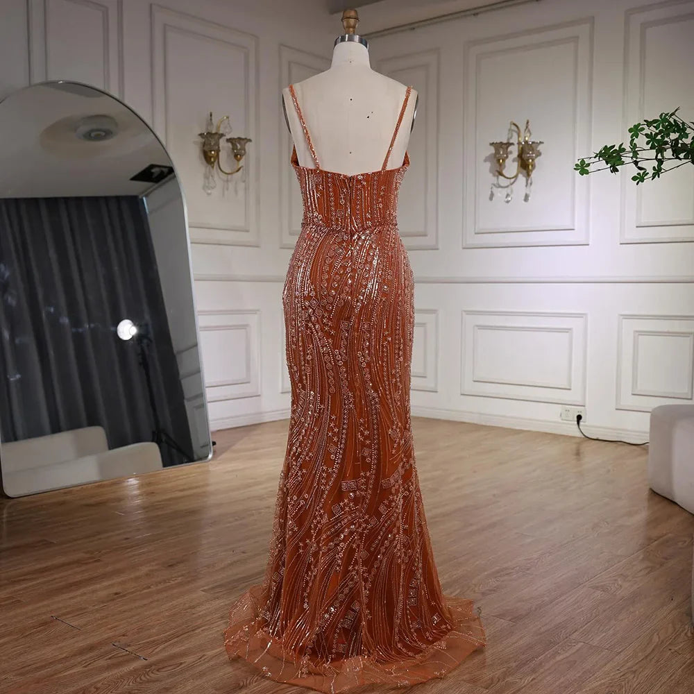 Orange Beaded Evening Dress with Slit Spaghetti Straps LA72542