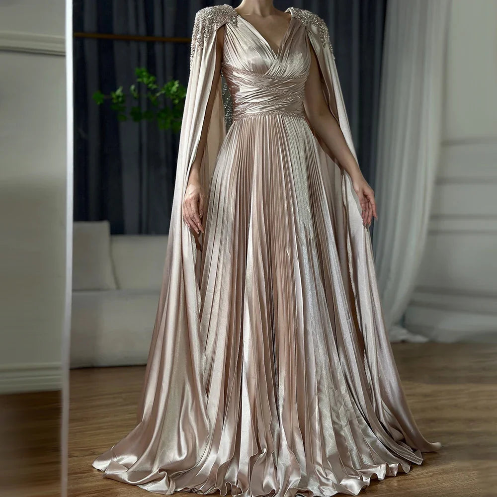 Rose Gold Beaded Satin A-Line Evening Dress with Cape Sleeves LA72663