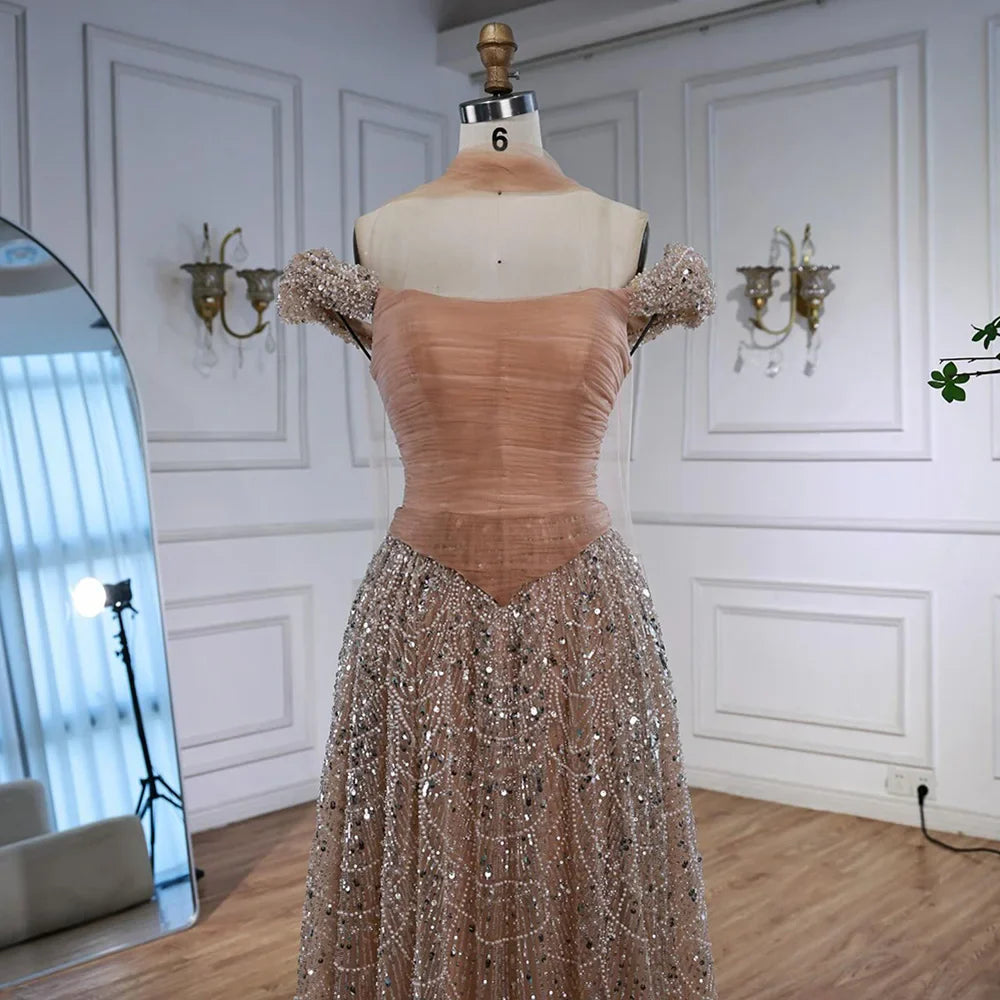 Luxury Arabic Pink Pearls Beaded Evening Dress With Cape LA72922